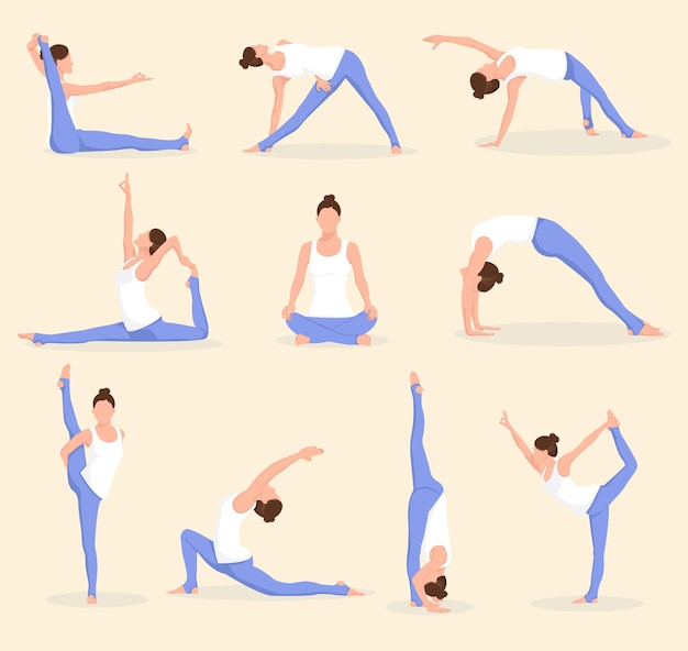 Vecteur jeune femme, faire, sport, exercices, yoga, pose, ensemble