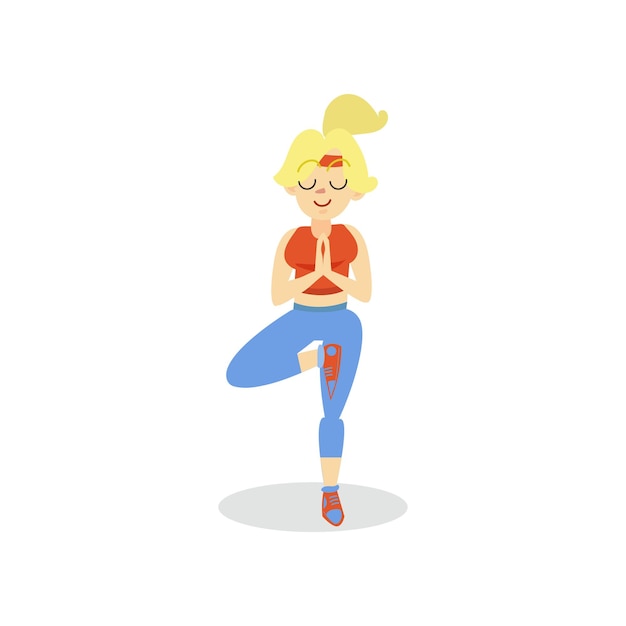 Jeune Femme, Faire, Yoga, Dans, A, Vrksasana, Position, Girl, Travailler, Dans, Les, Fitness, Club, Ou, Gym, Actif, Sain, Mode Vie, Dessin Animé, Vecteur, Illustration