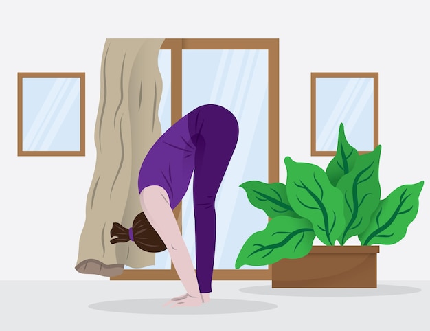 Vecteur jeune femme faisant du yoga sport à la maison pratique physique et spirituelle style de dessin animé plat vectoriel