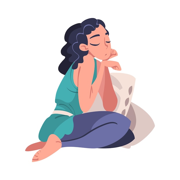Une jeune femme fatiguée assise appuyée sur des oreillers Illustration vectorielle