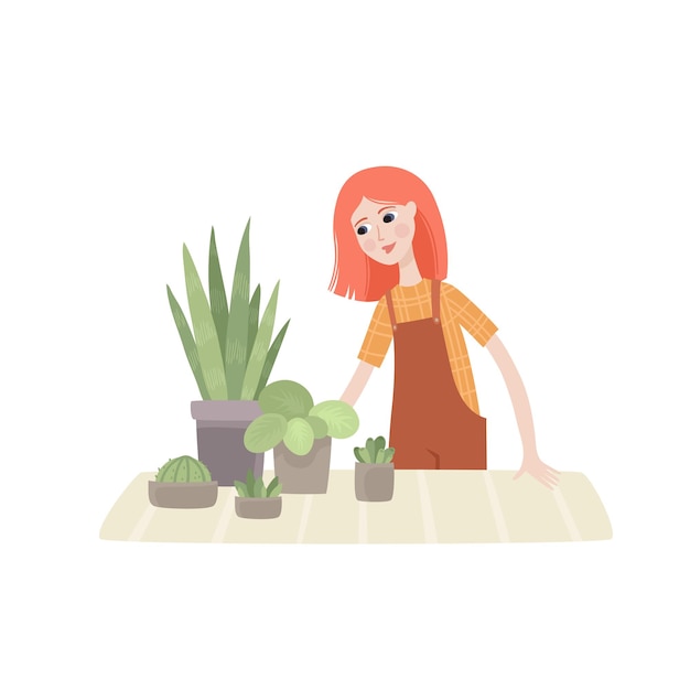 Jeune femme, à, fleurs, dans, pots, isolé, blanc