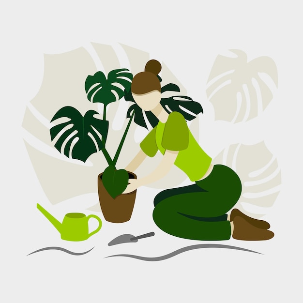 Vecteur jeune femme, girl, planter, a, fleur, monstera, dans, plat, style, illustration