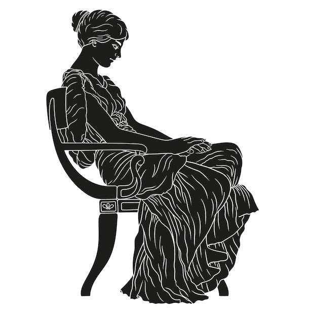 Une jeune femme grecque ancienne en tunique assise sur une chaise et regardant vers le bas