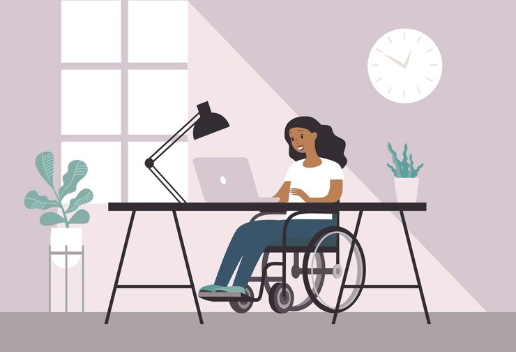 Vecteur jeune femme handicapée assise en fauteuil roulant à l'aide d'un ordinateur portable à la maison