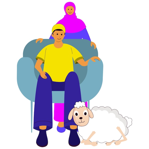 Vecteur jeune femme islamique debout derrière un homme assis sur un canapé et des moutons de bande dessinée sur fond blanc