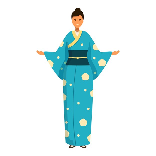 Une jeune femme japonaise portant un kimono bleu déploie ses bras.