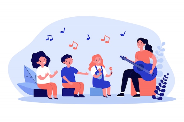 Jeune, femme, jouer, guitare, enfants