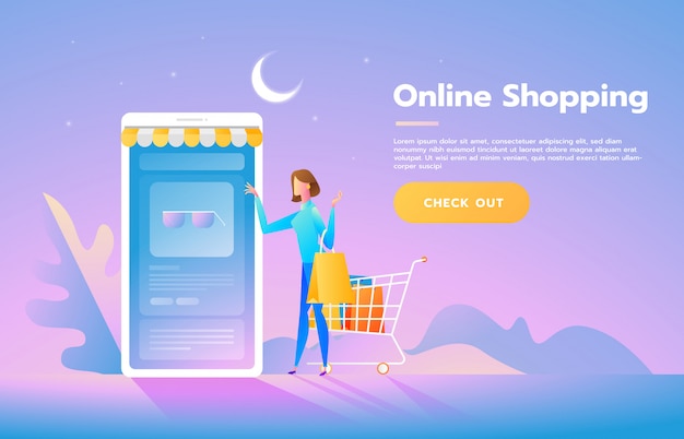 Jeune femme magasin en ligne en utilisant un smartphone