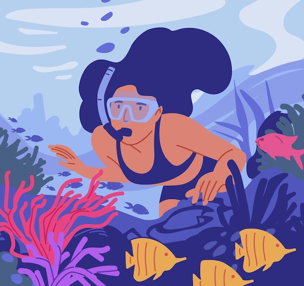 Vecteur jeune femme en masque de plongée avec tuba nageant et observant les récifs coralliens et les poissons au fond de la mer. nageur sous-marin regardant la faune marine colorée. illustration vectorielle plane avec plongeuse.
