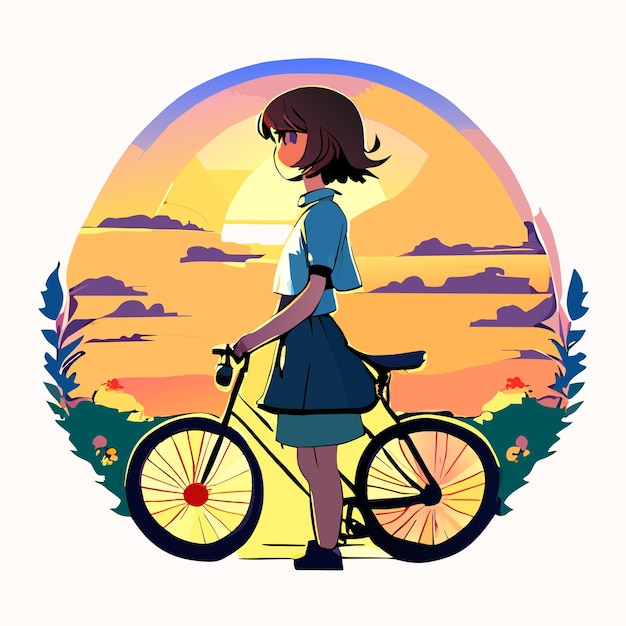 Vecteur jeune femme mignon dessin animé à vélo avec des fleurs