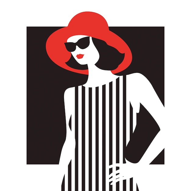 Une jeune femme à la mode dans une robe à rayures, un petit chapeau rouge et des lunettes de soleil, graphiques noirs, rouges et blancs.