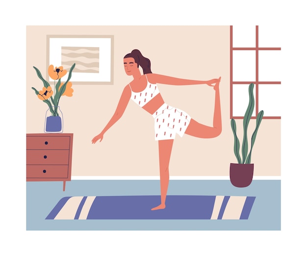 Jeune Femme Moderne Faisant De L'exercice à La Maison. Dame Calme Aux Yeux Fermés En Posture De Yoga. Femme Effectuant Des Exercices D'aérobic Le Matin. Routine Sportive Quotidienne, Activité. Illustration Vectorielle Plane.