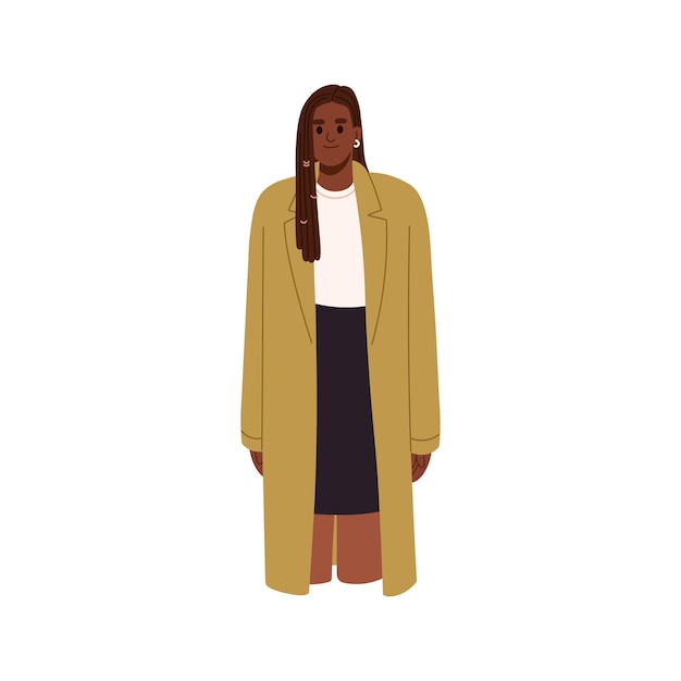 Jeune femme moderne en vêtements de mode Fille afro-américaine portant un chemisier jupe manteau de printemps Femme avec des dreads en tenue de vêtements décontractés Illustration vectorielle plane isolée sur fond blanc