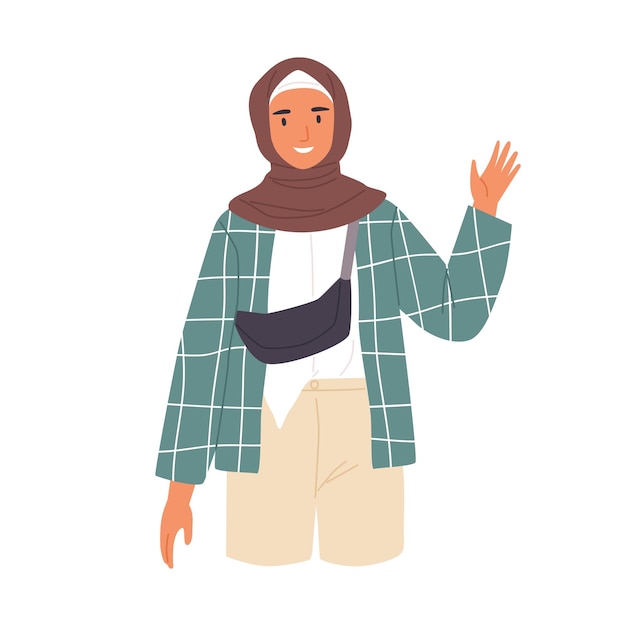 Jeune femme musulmane agitant la main et disant bonjour. Personnage arabe moderne en hijab faisant des gestes salut, saluant et accueillant smb. Illustration de vecteur de dessin animé plat coloré isolé sur fond blanc.