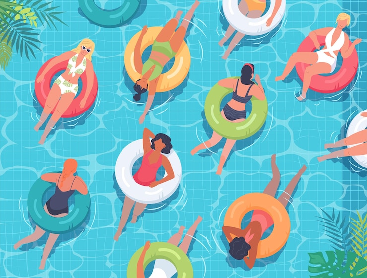 Vecteur jeune femme nageant avec des bouées colorées dans la piscine bleue