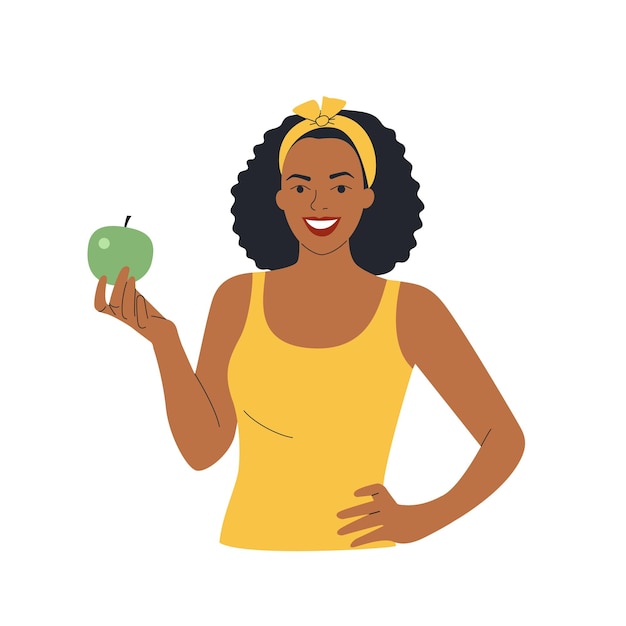 Jeune Femme Noire En Bonne Santé Tenant Une Pomme Verte Isolée Illustration De Style Plat De Dessin Animé De Vecteur