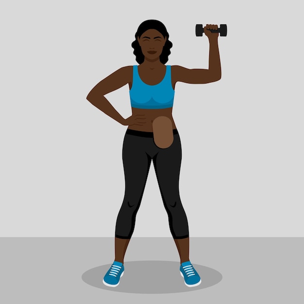 Une jeune femme noire avec un sac de colostomie est engagée dans le fitness avec un haltère