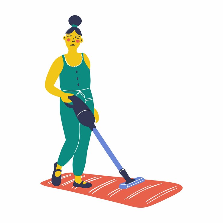 Vecteur une jeune femme passant l'aspirateur sur le tapis