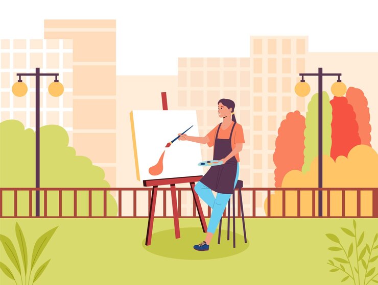 Vecteur jeune femme peintre créant un croquis d'image en plein air