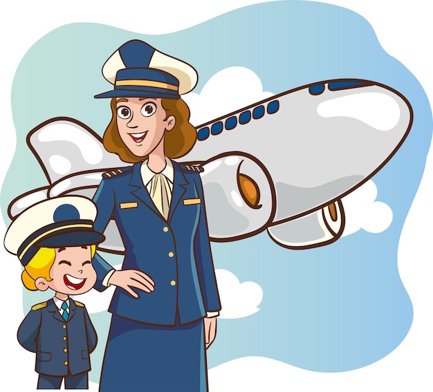 Jeune Femme Pilote Et Enfant Pilotes En Uniforme Avec Avion Illustration Vectorielle Conception Graphique