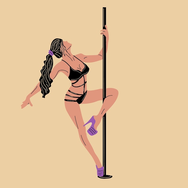 Vecteur jeune femme de pole dance en justaucorps noir, illustration de vecteur de style dessin animé isolée sur fond.