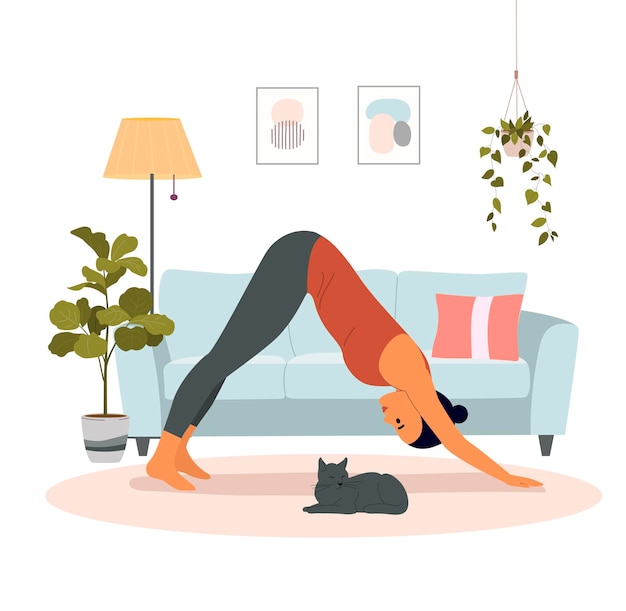 Jeune Femme En Posture De Yoga Pour Chien Tête En Bas Dans Le Salon Illustration Vectorielle De Style Plat