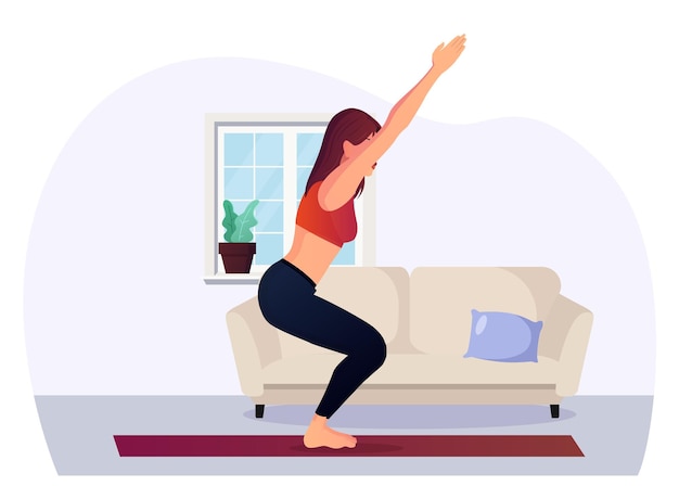 Jeune Femme Pratiquant La Pose De Chaise De Yoga à La Maison