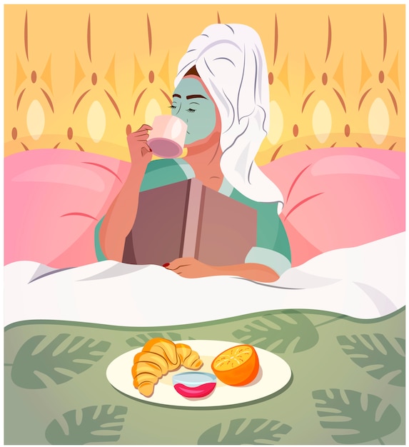 Vecteur jeune femme prenant son petit déjeuner au lit avec un livre, portant une serviette sur la tête et ayant des procédures faciales. activités de quarantaine. rester à la maison. illustration tendance de la mode.