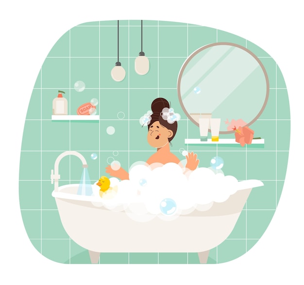 Vecteur jeune femme prend un bain femme allongée dans des bulles de mousse la fille se détend à l'intérieur de la salle de bain la femme prend une routine hygiénique illustration vectorielle