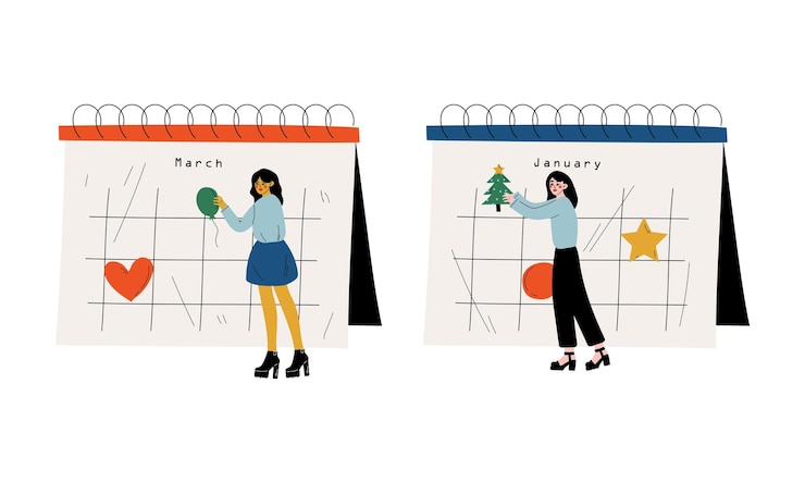 Vecteur une jeune femme près d'un énorme calendrier de bureau avec un rendez-vous marqué et un vecteur de date.