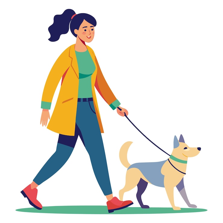 Vecteur une jeune femme promène un chien.