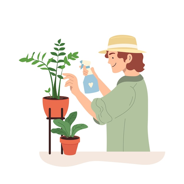 Une jeune femme pulvérise des plantes en pot d'intérieur Concept coloré de jardinage à domicile et de soin des plantes d'intérieur vecteur
