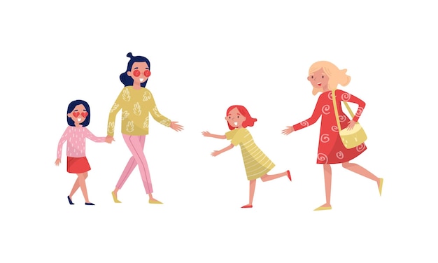 Jeune femme qui marche avec sa fille Set d'illustrations vectorielles en plein air