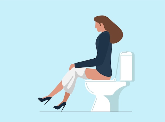 Vecteur jeune femme réfléchie pissant ou caca dans les toilettes fille assise sur la cuvette des toilettes dans les toilettes belle
