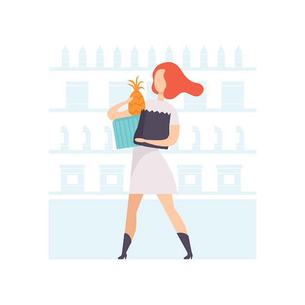 Jeune Femme Avec Des Sacs D'achat Fille Faisant Ses Courses Au Supermarché Illustration Vectorielle Isolée Sur Un Fond Blanc