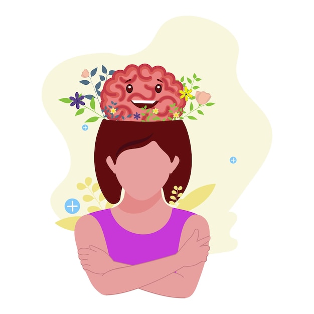 Jeune femme sans visage avec un cerveau heureux floral sur fond blanc et jaune clair pour la journée mondiale de la santé mentale