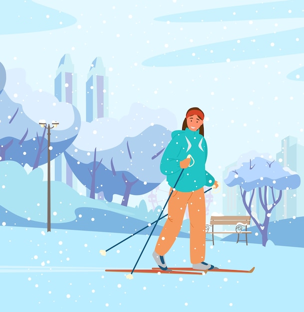 Jeune Femme Ski Dans Le Parc D'hiver. Jardin Public Enneigé Avec Banc, Arbres, Paysage Urbain à L'arrière-plan.