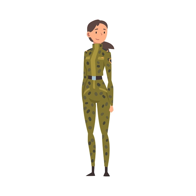 Vecteur jeune femme soldat ou officier en camouflage uniforme de combat professionnel militaire personnage féminin illustration vectorielle