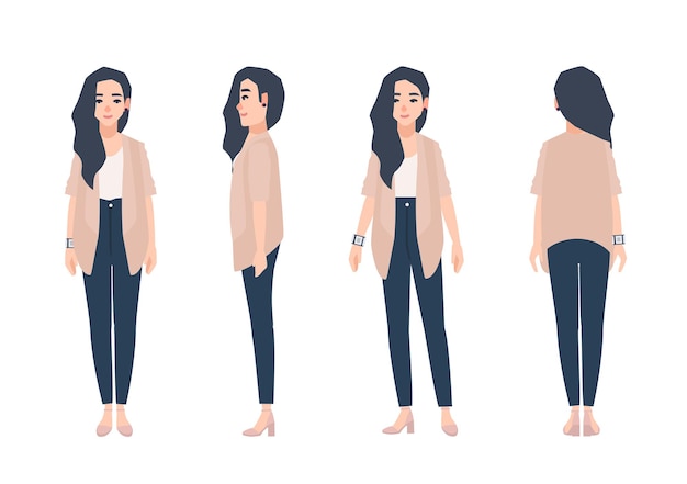 Jeune Femme Souriante Aux Longs Cheveux Bruns Lâches Vêtue De Vêtements Décontractés Isolés Sur Fond Blanc. Jolie Fille Portant Des Jeans Et Un Cardigan. Vues De Face, De Côté, De Dos. Illustration Vectorielle De Dessin Animé