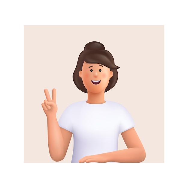 Jeune femme souriante montrant le signe de la victoire de la paix vecteur 3d personnage illustration dessin animé style minimal