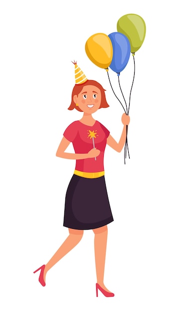 Vecteur jeune femme tenant des ballons et un cierge magique dans ses mains