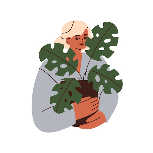 Jeune Femme Tenant Une Plante D'intérieur En Pot. Femelle Avec Monstera, Plante D'intérieur à Feuilles Vertes Poussant Dans Un Pot De Fleurs. Personne Avec Décor De Feuillage à La Maison. Illustration De Vecteur Graphique Plat Isolé Sur Fond Blanc.