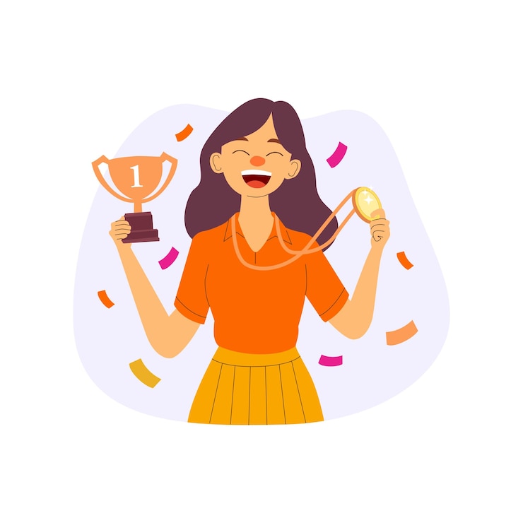 Vecteur une jeune femme tenant un trophée d'or pour son grand travail.
