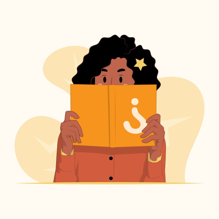 Vecteur jeune femme tenir journal ouvert cacher le concept d'expression faciale