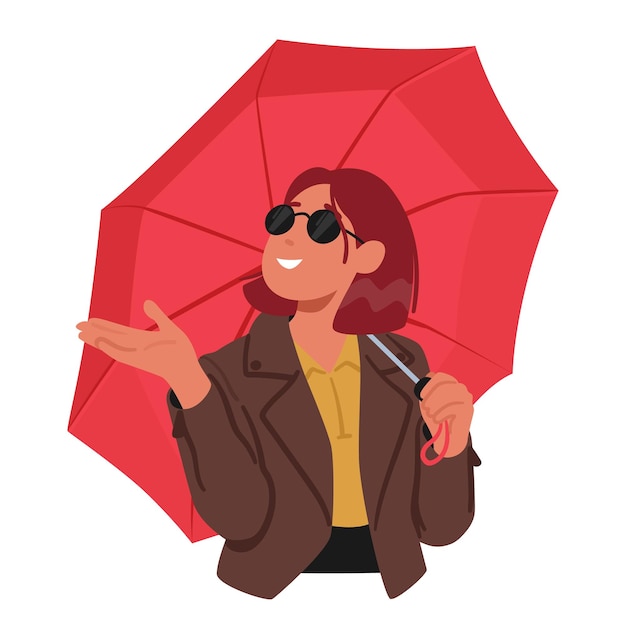 Jeune Femme Tient Gracieusement Un Parapluie Ses Couleurs Rouges Vibrantes Contrastant Avec Le Jour Pluvieux Personnage Féminin Isolé Exsudant La Confiance Au Milieu De L'averse D'automne Dessin Animé Personnes Illustration Vectorielle