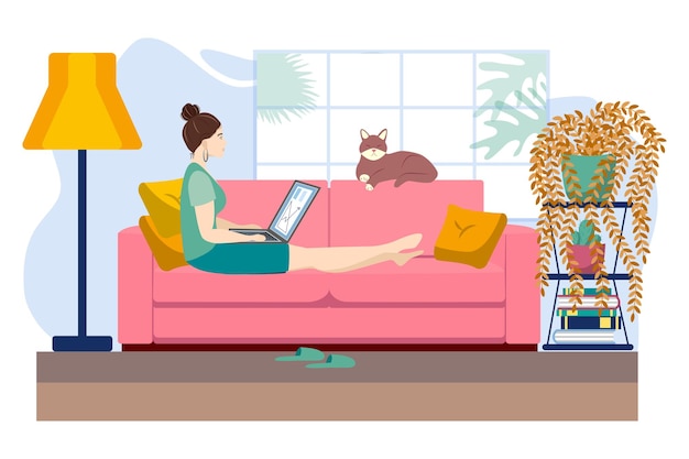 Vecteur jeune femme travaillant ou étudiant à la maison assise sur le canapé dans une atmosphère chaleureuse avec du thé et un chat concept de quarantaine covid19 travailler et apprendre à la maison style de dessin animé