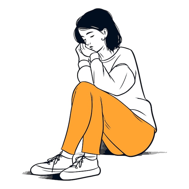 Une Jeune Femme Triste Assise Sur Le Sol Illustration Vectorielle Dessinée à La Main