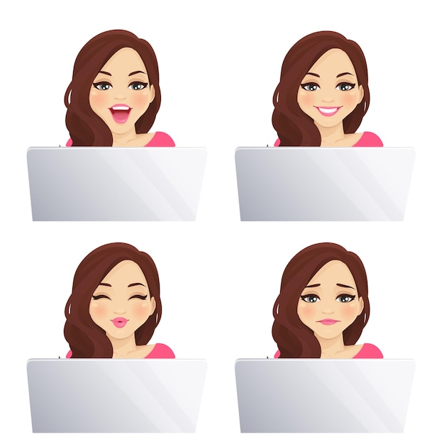 Vecteur une jeune femme utilisant un ordinateur portable avec une expression faciale différente définit une illustration vectorielle isolée