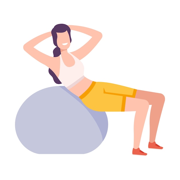 Vecteur jeune femme en vêtements de sport faisant des exercices avec fitball dans le gymnase du club de fitness ou à la maison mode de vie actif et sain illustration vectorielle de style plat