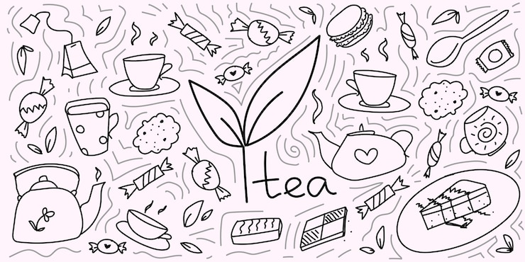 Vecteur une jeune feuille de thé avec l'inscription tasses à thé théières bonbons biscuits bonbons pour le thé